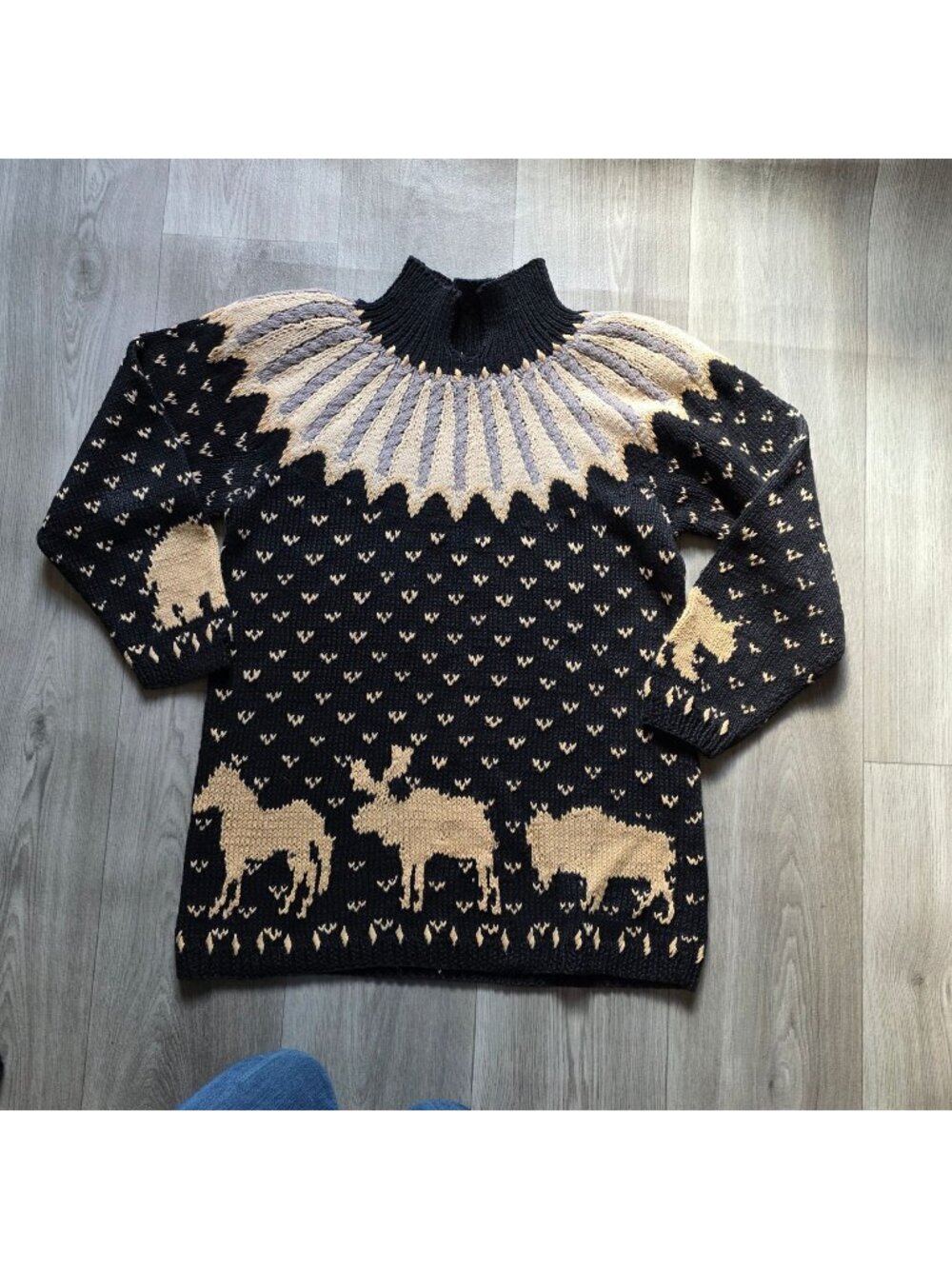 The Eagles Eye Moose Wool Sweater Nordic Pullover Black Beige L Winter Knitwear